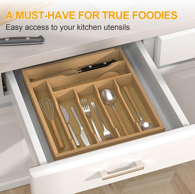 FoverOne Bamboo Silverware Organizer Drawer Tray, 7-Compartment Utensil Drawer Organizer for Kitchen & Office, Flatware Holder for Forks, Spoons, Cutlery - Image 4